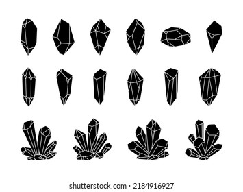 Crystals Or Gemstones Silhouette Collection, Gem Set. Jewelry Stone Or Diamond. Black And White Isolated Objects Vector Illustration