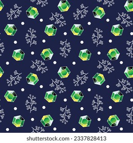 Crystals hexagons baya un patrón sin fisuras. Las ramas del contorno blanco de los diamantes verdes se repiten en el fondo azul oscuro. Ilustración vectorial.