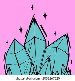 Crystals icon Vector illustration Magic witch crystals Attributes of wizards Halloween elements hand-drawn blue crystals on a pink background