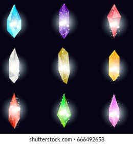 Crystals isolated on black background. Minerals, design elements. Vector illustration