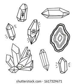 Crystals isolated vector line art illustration. Magic, energy, healing, spiritual design elements.