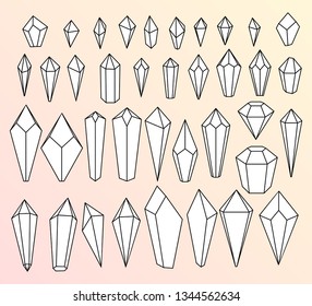 crystals, a large set of linear icons. vector illustration. faceted gems or glass.