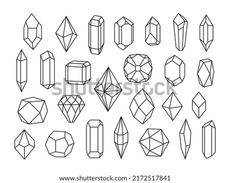 Crystals line icons. Minimal style diamond crystal, gemstone geometric. Fashion drawing jewel symbol, outline luxury gems signs tidy vector set