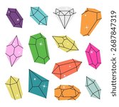 Crystals. Magic gem stones, diamond and jewel crystals. Gemstones, amethyst, ruby, sapphire, emerald, topaz and quartz. Vector illustration