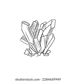 Crystals magic wise owl, old books, flask with plants and mushrooms, graphics sketch doodle coloring book set on a white background