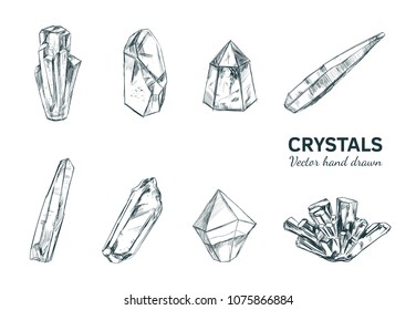 Crystals and Minerals. Vector hand drawn illustration. Isolated objects. Yoga. Spirituality