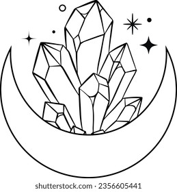 Crystals with moon celestial astrology icon.