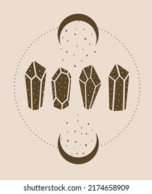 Crystals with moon and stars. Magical vector boho style art.