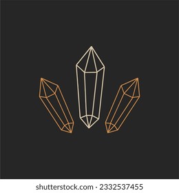 Cristales. Místico vector esotérico de brujería de oro negro y azul e imagen imprimible, única ilustración de estilo boho, afiche imprimible, postal.