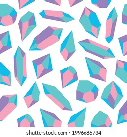 Crystals in pastel colors seamless pattern. Gem stones and diamond polygon shapes vector. Rock mineral, treasure collection, multicolored jewelry geometry objects. 