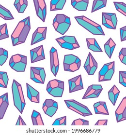 Crystals in pastel colors seamless pattern. Gem stones and diamond polygon shapes vector. Rock mineral, treasure collection, multicolored jewelry geometry objects. 