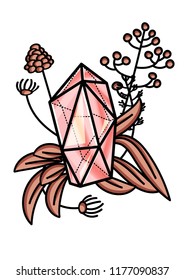 Crystals and plants. Gem colored. diamonds with frame of flowers and plants.