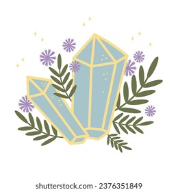 Kristalle mit Pflanzen, Zaubersymbol handgezeichnet Vektorgrafik Boho Stil. Steine mit magischer Energie, Meditation, Lifestyle, Edelstein. Design-Element für Druck, Logo, Karte. Einziger Hintergrund