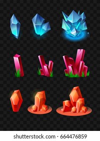 Crystals - realistic modern vector set of different minerals. Black background. Use this high quality clip art for presentations, banners and flyers. Blue, orange and crimson prizes, tokens, chips