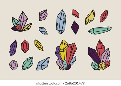 Cristais definidos, gemas coloridas variadas várias formas, boho místico bruxo mão desenhado estilo. Ilustração vetorial.