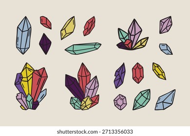 Cristais definidos, gemas coloridas variadas várias formas, boho místico bruxo mão desenhado estilo. Ilustração vetorial.