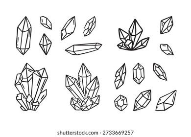 Conjunto de cristais, pedras preciosas coloridas variadas formas, linha monocromática arte estilo desenhado à mão. Ilustração vetorial.