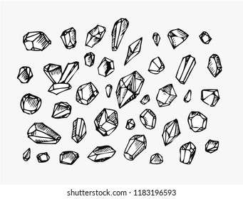 Crystals set. Hand drawing gem crystals isolated on white background. Geology bckground.