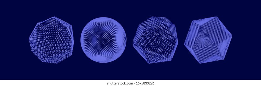 Crystals and spheres consisting of small particles. Objects with dots. Molecular grid. 3d vector illustration. Futuristic connection structure for education and science.