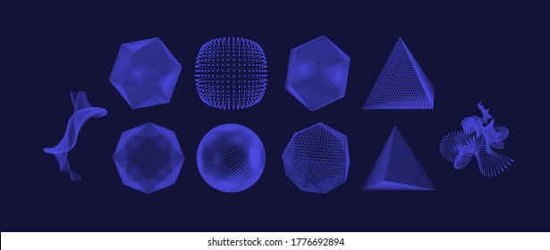 Crystals, spheres and pyramids consisting of small particles. Objects with dots. Molecular grid. 3d vector illustration. Futuristic connection structure for education and science.