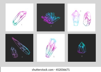 Crystals. Trendy cards.Vector hand drawn illustrations. Isolated objects