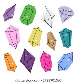 Crystals. Crystals of various geometric shapes and sizes. Gemstones, amethyst, ruby, sapphire, emerald, topaz and quartz. Vector illustration