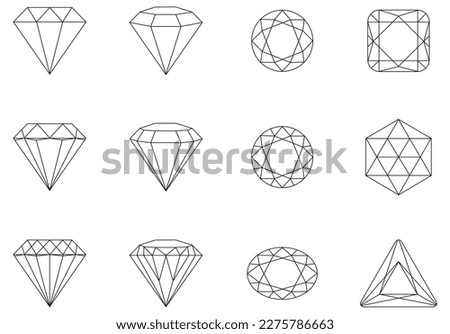 Crystals of various shapes. Diamond logo. A set of vector icons. Black, linear symbols of luxury. Abstract jewelry stones isolated on white.
