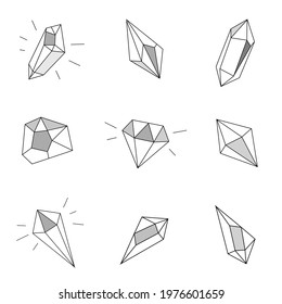 Crystals vector collection in doodle linear style on white background. Diamond hand drawn
