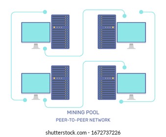 Crytocurrency mining pool and peer to peer network vector illustration