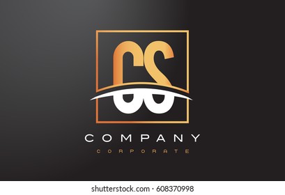 CS C S Golden Letter Logo Design with Swoosh and Rectangle Square Box Vector Design.