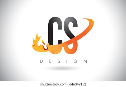 CS C S Letter Logo Design with Fire Flames and Orange Swoosh Vector Illustration.