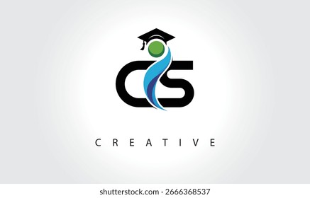 CS Creative Letter Logo with Graduation Cap and Abstract Human – Modern Education and Learning Symbol Design	