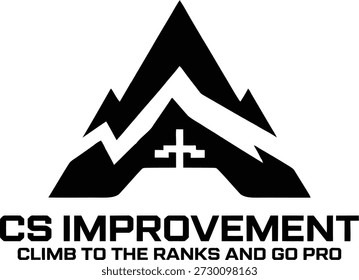 CS Improvement gaming logo featuring a mountain peak silhouette and pixelated crosshair, symbolizing rank progression in competitive esports. Minimalist black and white vector design.