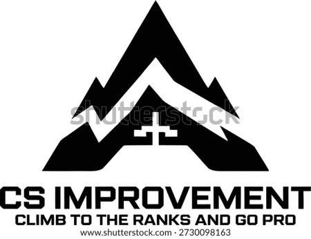 CS Improvement gaming logo featuring a mountain peak silhouette and pixelated crosshair, symbolizing rank progression in competitive esports. Minimalist black and white vector design.