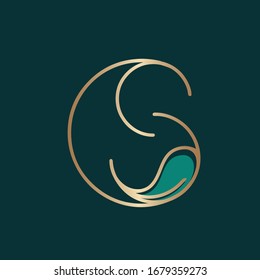 CS monogram logo. Letter c and letter s typographic icon.Decorative overlap lettering sign.Alphabet initials with leaf isolated on dark green fund.Modern,elegant,luxury style golden metal characters.