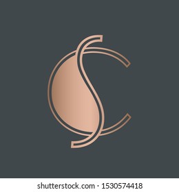 CS monogram.Typographic logo with letter c and letter s overlapped.Rose gold lettering icon.Alphabet initials sign isolated on dark background.Modern,elegant,beauty,fashion style.Signature branding.