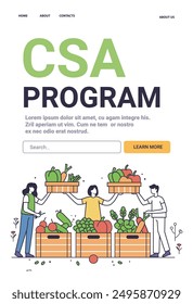 CSA Program community supported agriculture concept Eco-friendly farming with people holding vegetable crates Organic produce minimalistic line art