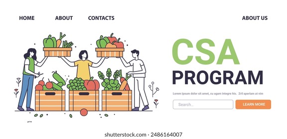CSA Program organic farming community harvesting vegetables crates people eco-friendly sustainable agriculture website banner