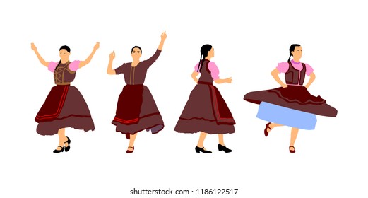 Csardas dancer girl vector illustration. Folklore Hungary lady. Bavarian woman on Octoberfest. Balkan traditional wedding dancing. East Europe culture. Happy young woman enjoying in music.