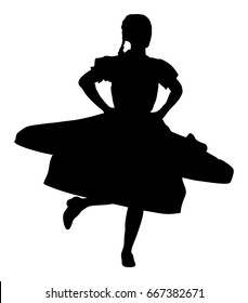 Csardas dancer girl vector silhouette illustration isolated on white. Hungary folklore. Bavarian woman on octobarfest. Polka dance performer. Balkan folk dance. Lady in Europe traditional festival.