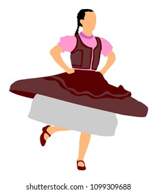 Csardas dancer vector illustration. Folklore Hungary. Bavarian woman on Octobarfest. Polka dance performer. Balkan folk dance. Europe traditional festival attraction. Vintage dressed woman from Europe