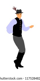 Csardas dancer vector illustration. Folklore of Hungary. Bavarian man on October fest. Polka dance performer.  East Europe traditional festival attraction. Man dancing wedding dance. Balkan culture.