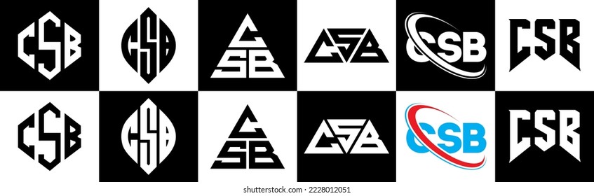 CSB letter logo design in six style. CSB polygon, circle, triangle, hexagon, flat and simple style with black and white color variation letter logo set in one artboard. CSB minimalist and classic logo