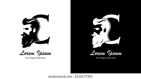 C-shaped logo design combined with the silhouette of a bearded man