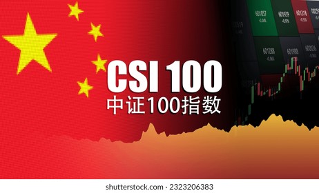 CSI 100. El índice de 100 empresas seleccionadas cotizaron en la Bolsa de Shanghái y Shenzhen. Línea de precios, presupuesto y bandera de China. Guión chino interpretado como Índice CSI100.