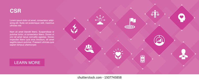 CSR banner 10 icons concept.responsibility, sustainability, ethics, goal icons