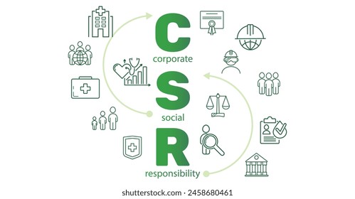 CSR Banner. Corporate social responsibility concept on white vector background. Business and environment. Acronym