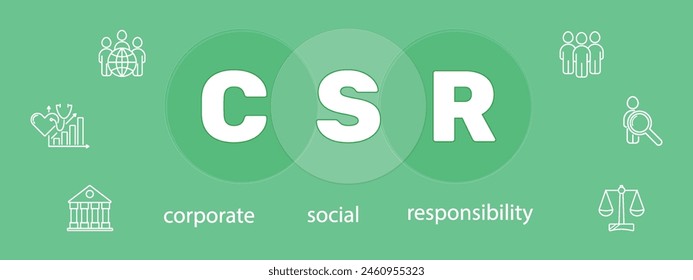 CSR Banner. Corporate social responsibility concept on green vector background. Business and environment.