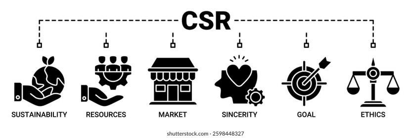 CSR banner web icon vector illustration concept business and organization, Corporate social responsibility and giving back to the community icons. Solid color vector symbol background.