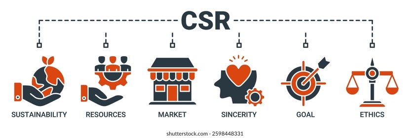 CSR banner web icon vector illustration concept business and organization, Corporate social responsibility and giving back to the community icons. Solid color vector symbol background.